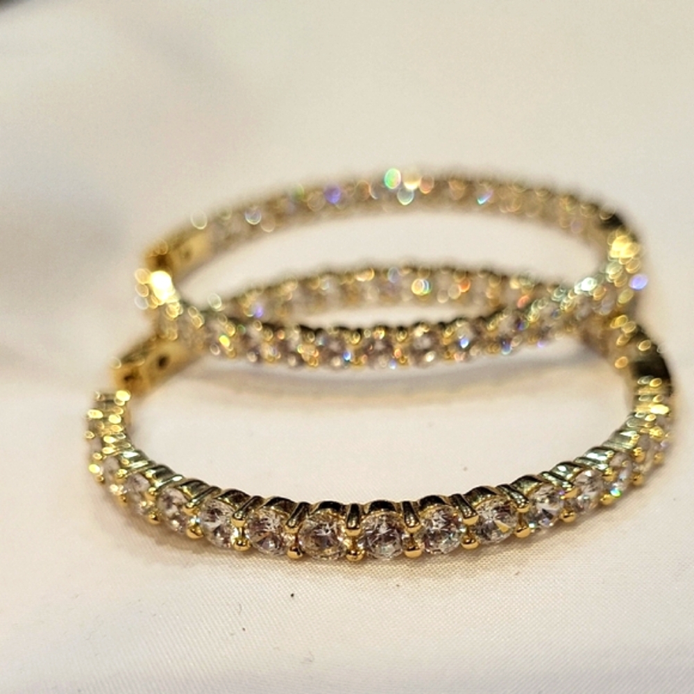 Glamorous Gold and Silver Hoop Earrings with Sparkling Stones - Picture 3 of 3